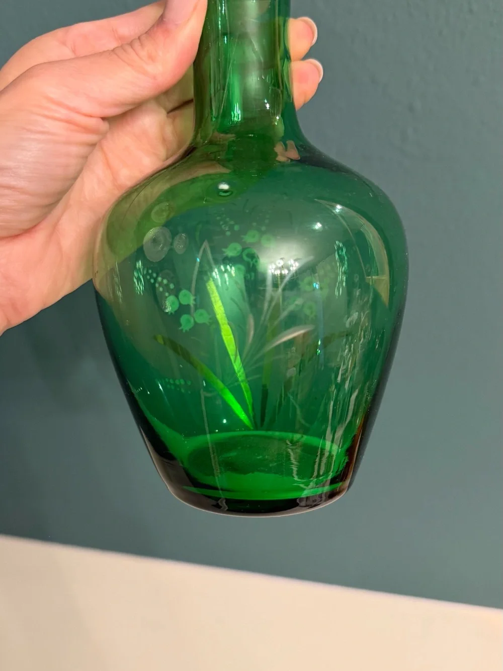 Vintage Bohemian Czech Emerald Green Glass Vase Hand Painted Enamel & Gold 7”